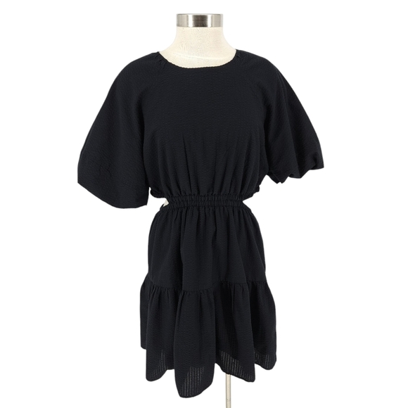 Madewell Alessia Fit Flare Dress Black Puff Short Sleeve Cut Out Back Large - Picture 1 of 8